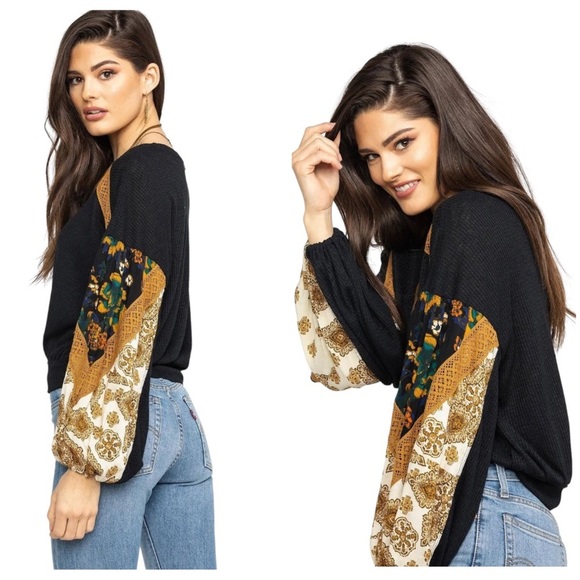FREE PEOPLE Floral Casual Black Combo Cropped Waffle Knit Boho Oversized Top XS - Picture 5 of 11